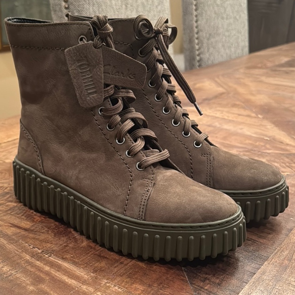 Clarks Torhill Rise Combat Moto Boots in Dark Olive Nubuck with Textured Sole